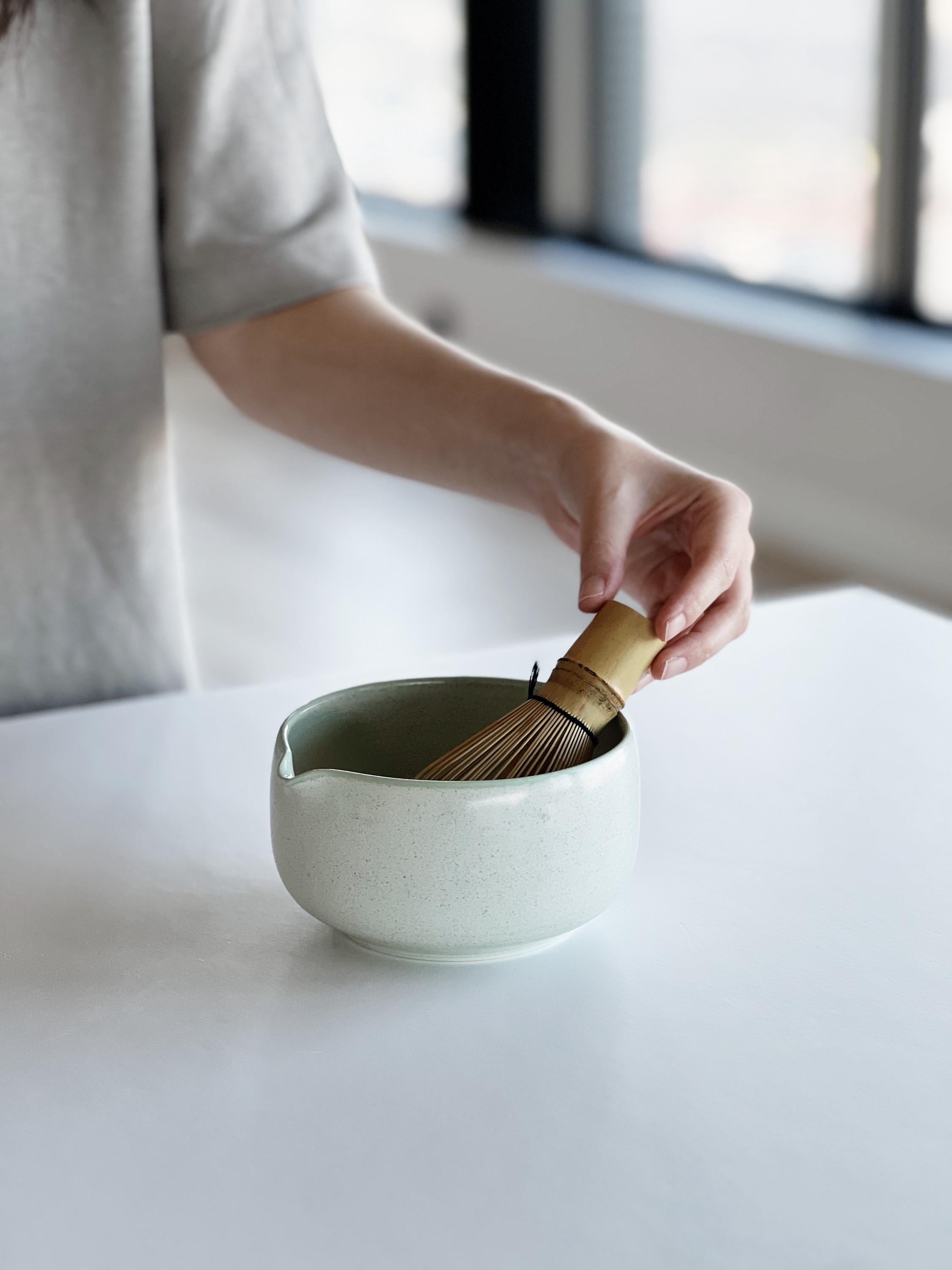 Handmade Mint Green Ceramic Matcha Bowl Set: Bowl with Pouring Spout and Whisk Holder