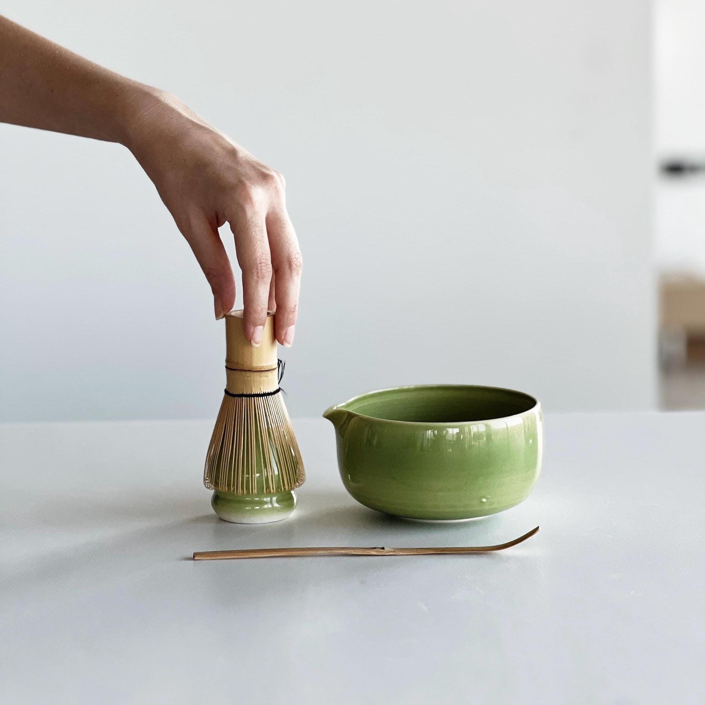 Handmade Green Celadon Ceramic Matcha Bowl Set: Bowl with Pouring Spout and Whisk Holder