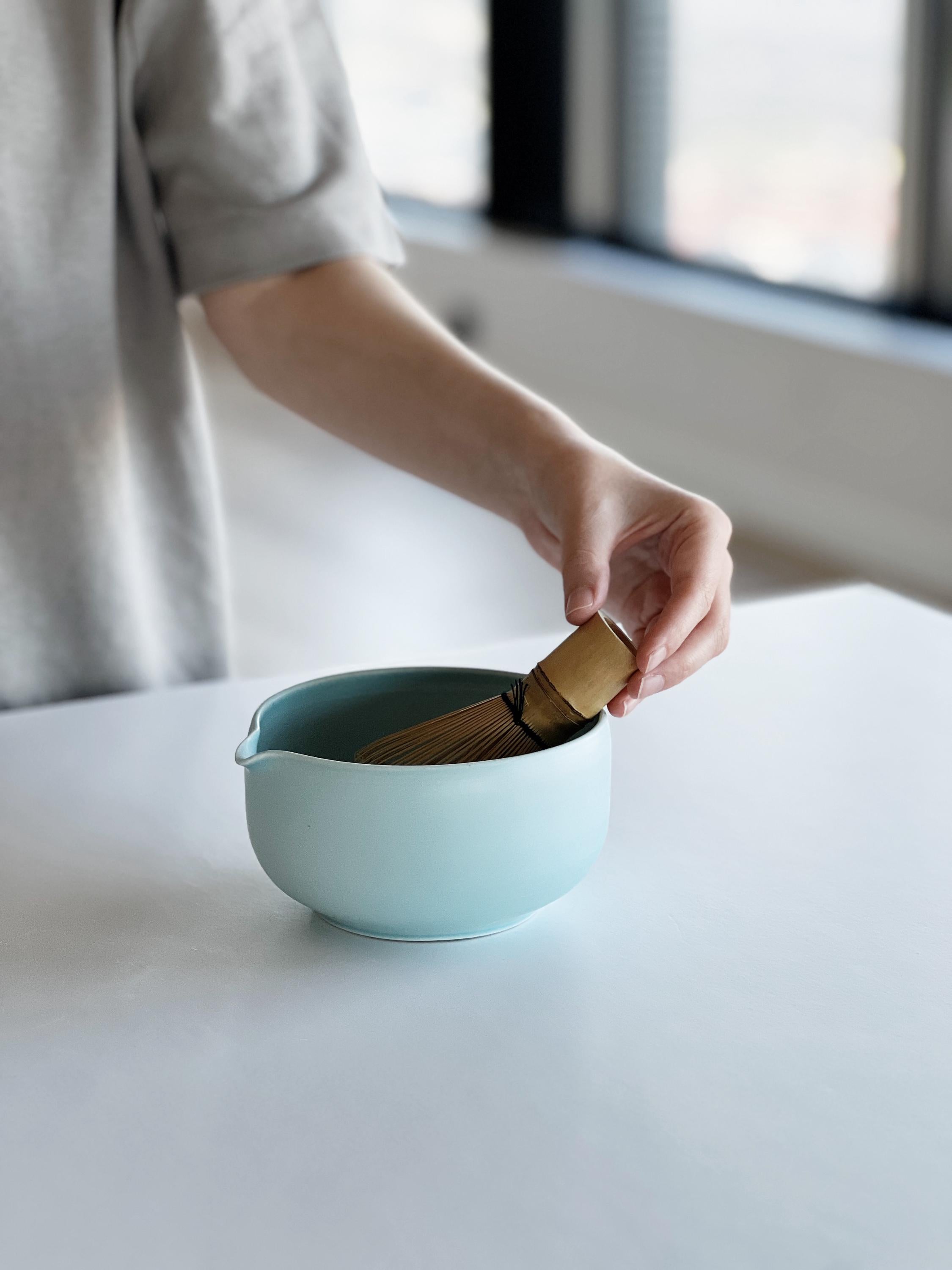 Handmade Baby Blue Ceramic Matcha Bowl Set: Bowl with Pouring Spout and Whisk Holder