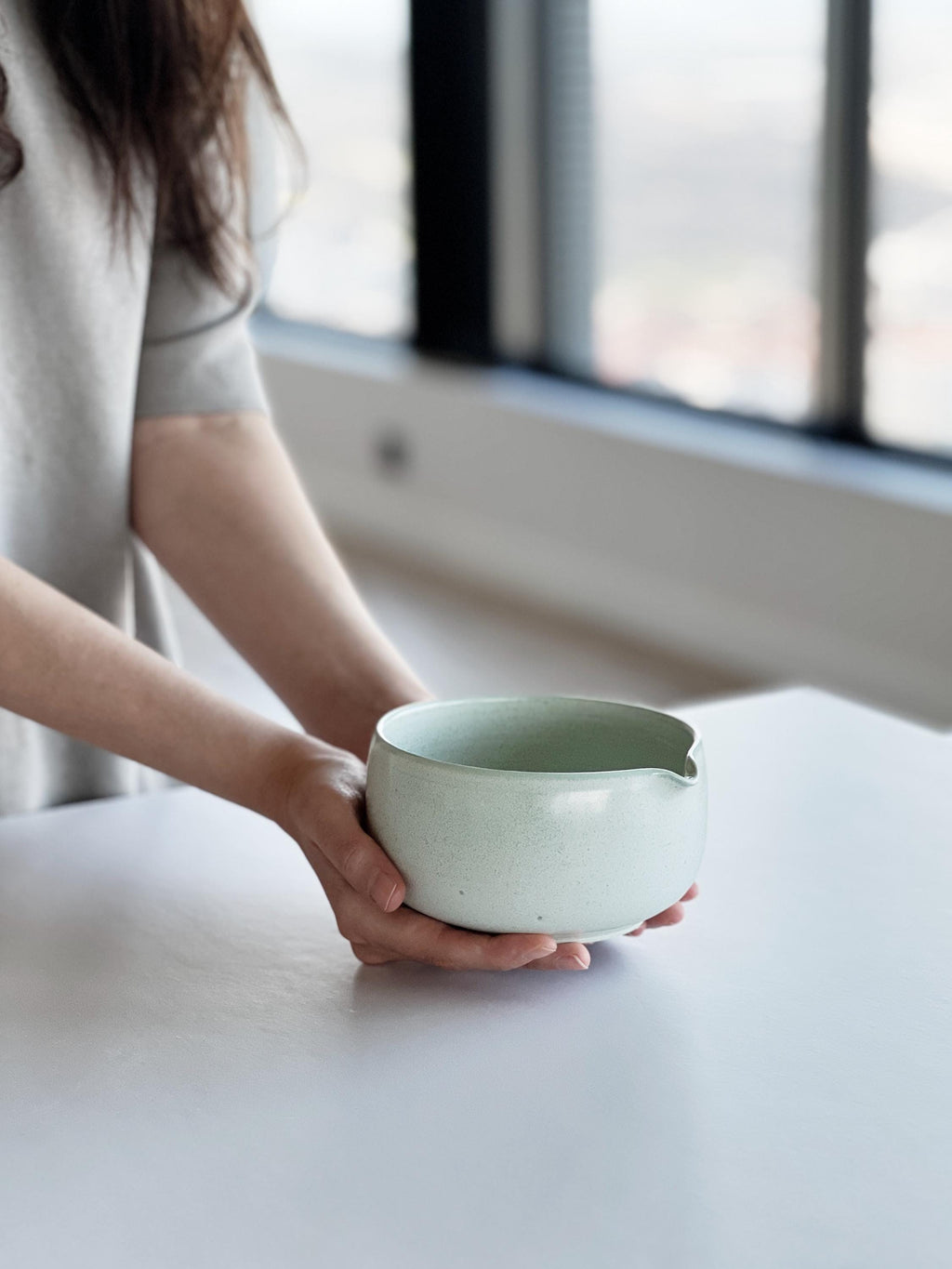 Handmade Mint Green Ceramic Matcha Bowl Set: Bowl with Pouring Spout and Whisk Holder