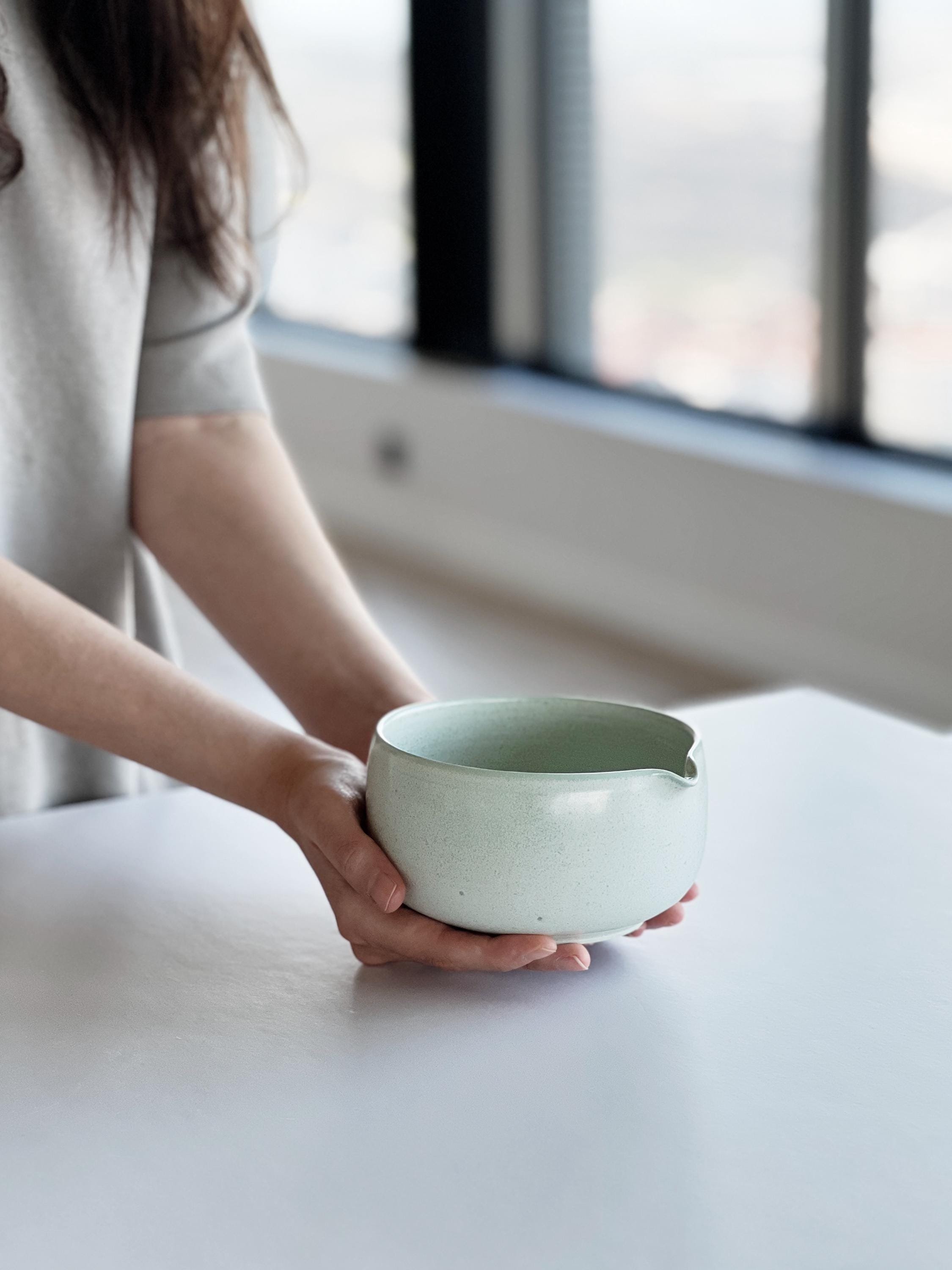 Handmade Mint Green Ceramic Matcha Bowl Set: Bowl with Pouring Spout and Whisk Holder