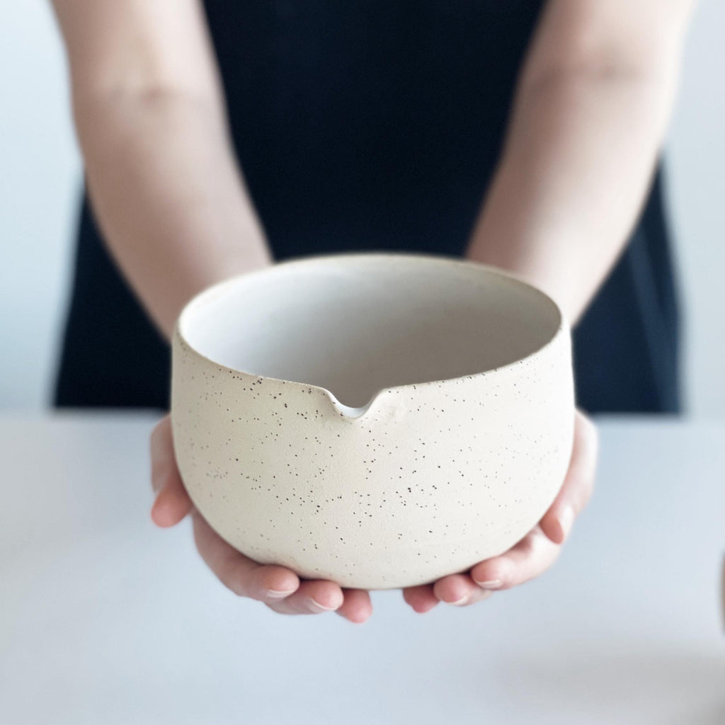 Handmade Speckled Ceramic Matcha Bowl Set: Bowl with Pouring Spout, Whisk Holder, Tea Cup