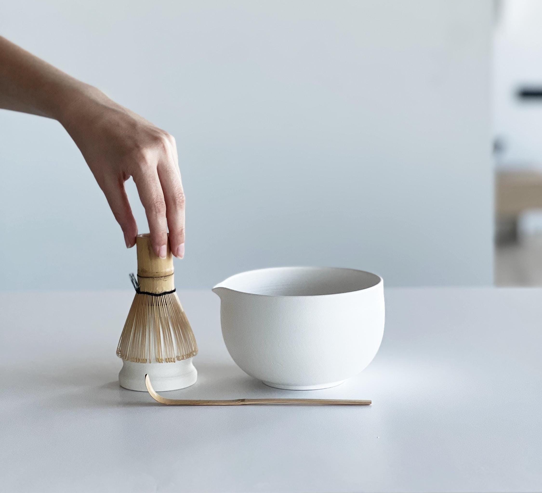 Handmade White Ceramic Matcha Bowl Set: Bowl with Pouring Spout and Whisk Holder