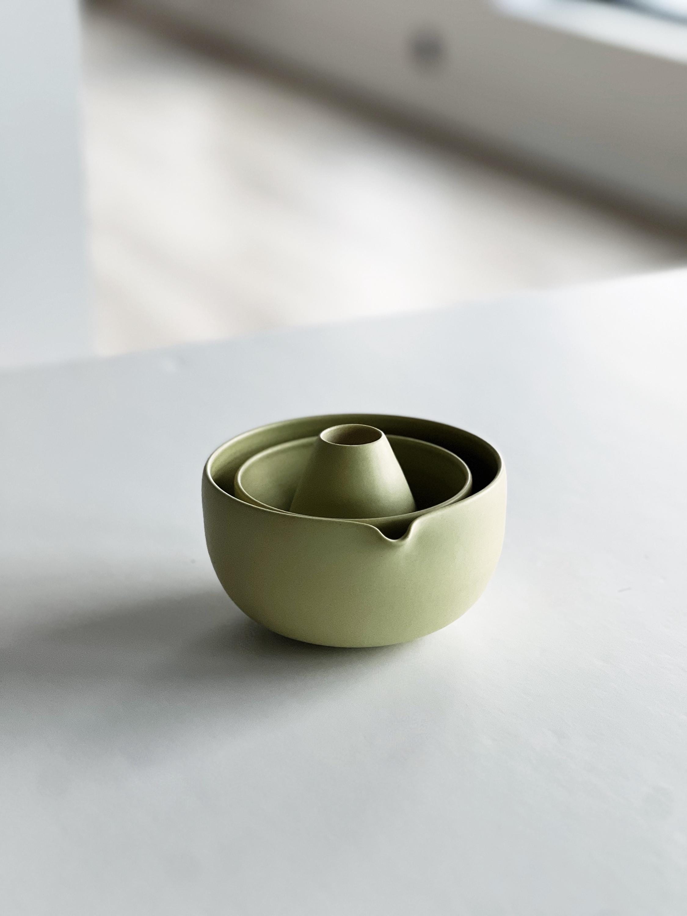 Handmade Lime Green Porcelain Matcha Bowl Set with Pouring Spout, Whisk Holder, Tea Cup