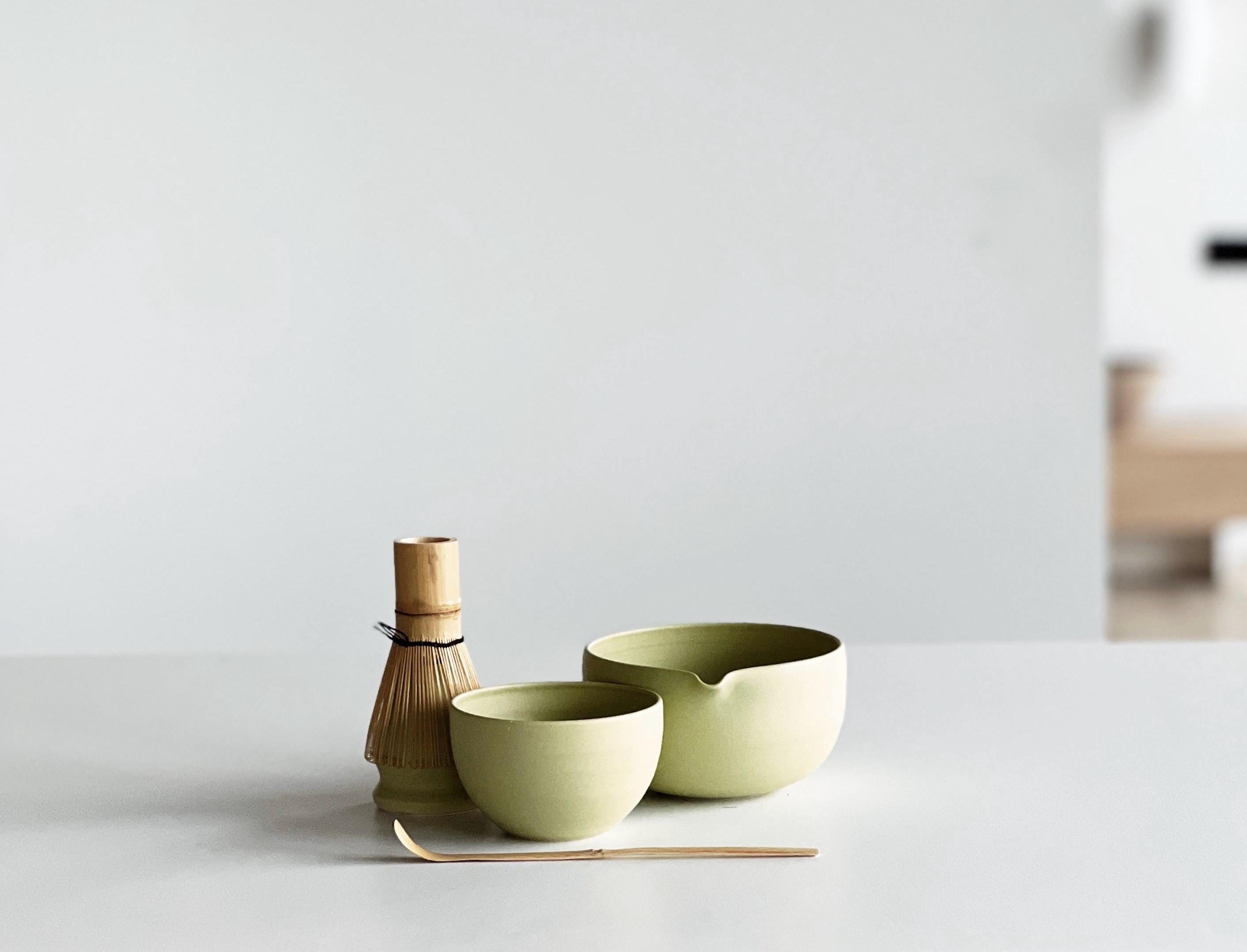 Handmade Lime Green Porcelain Matcha Bowl Set with Pouring Spout, Whisk Holder, Tea Cup