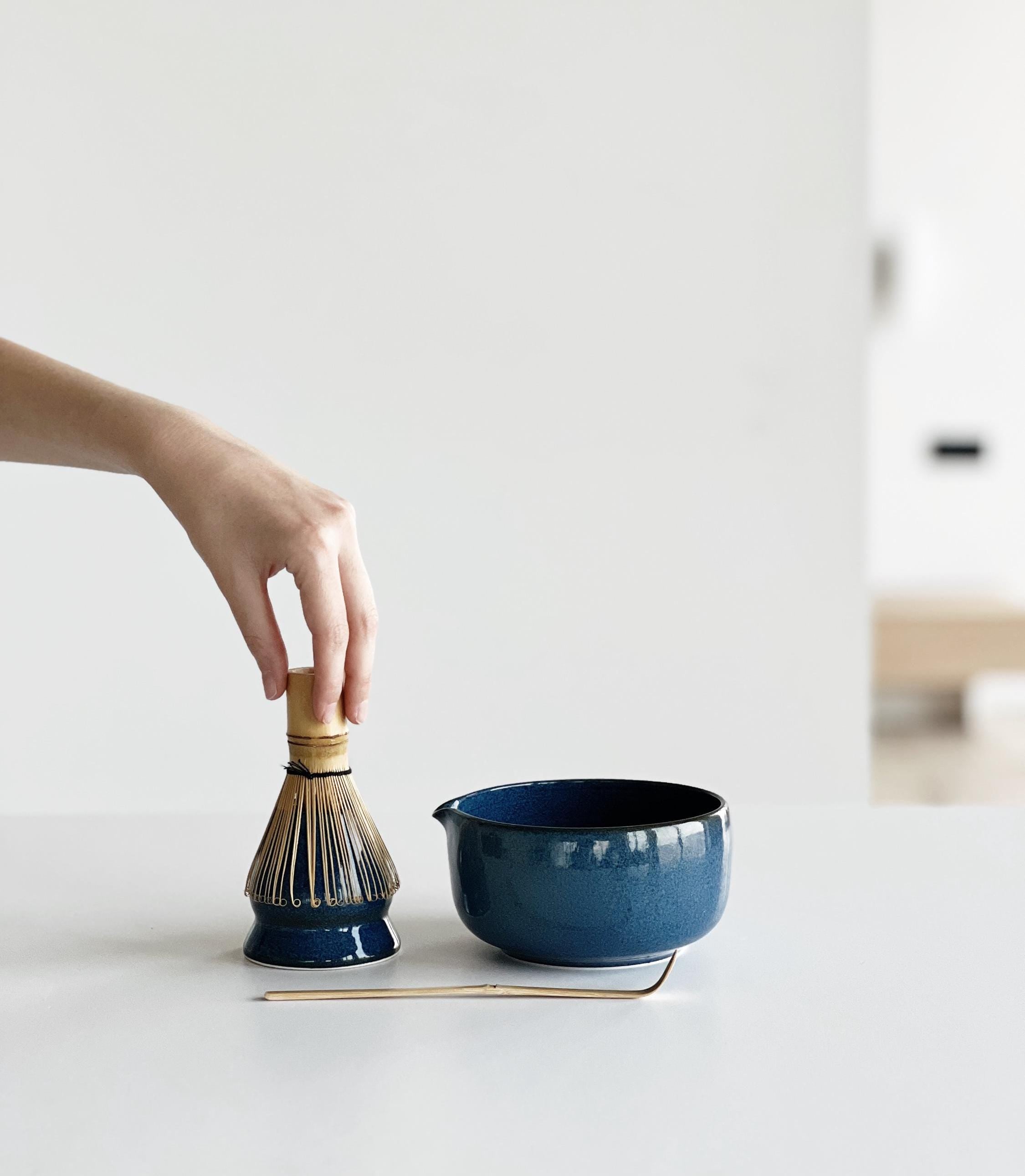 Handmade Navy Blue Ceramic Matcha Bowl Set: Bowl with Pouring Spout and Whisk Holder