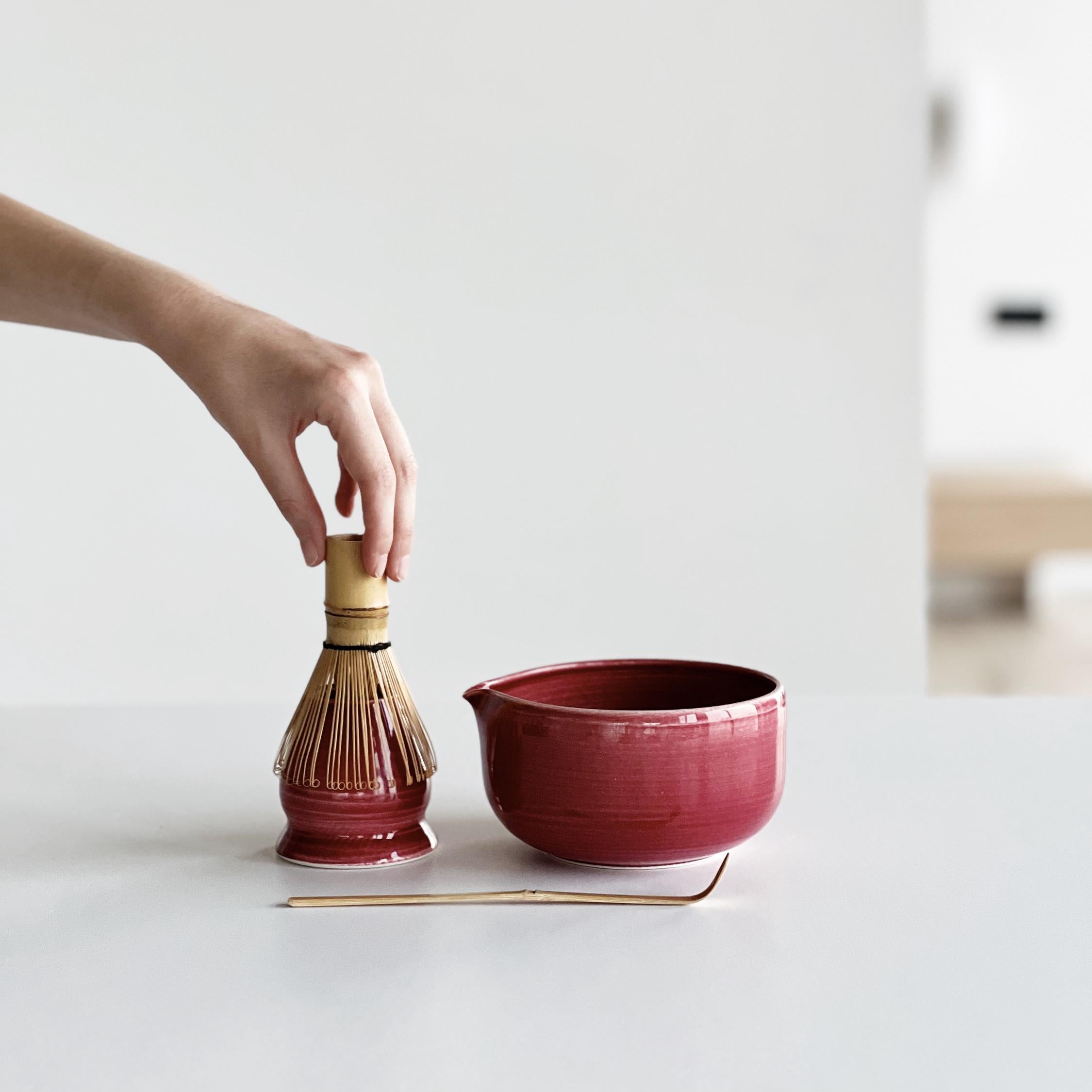 Handmade Cherry Ceramic Matcha Bowl Set: Bowl with Pouring Spout and Whisk Holder