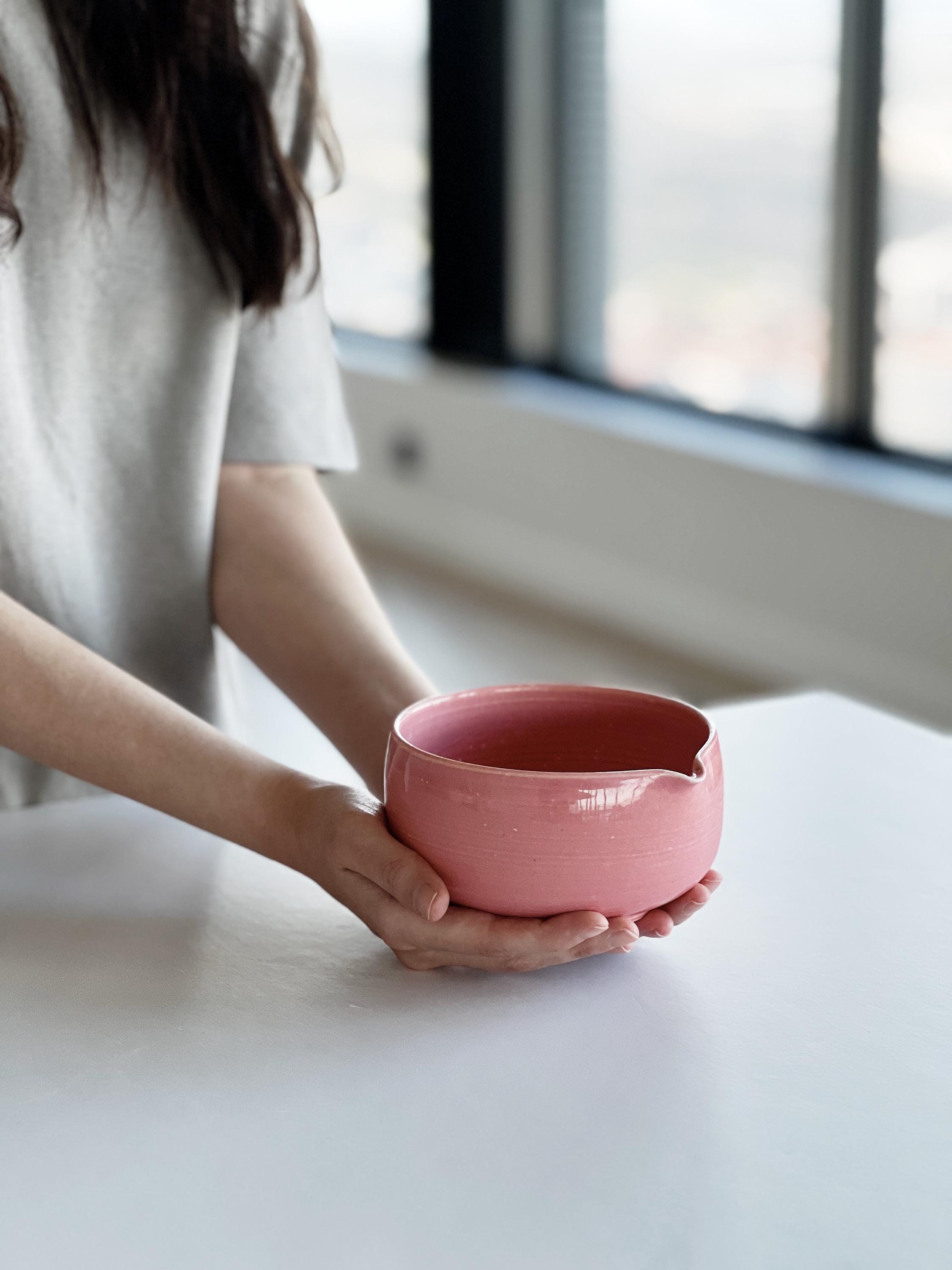 Handmade Glossy Pink Ceramic Matcha Bowl Set: Bowl with Pouring Spout and Whisk Holder