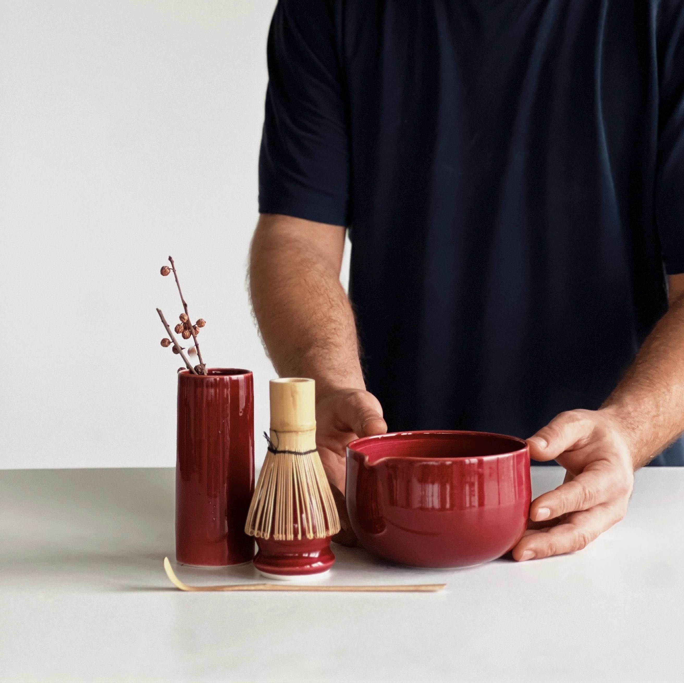 Handmade Cherry Ceramic Matcha Set: Bowl, Vase, Whisk Holder