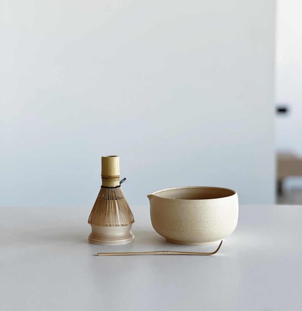 Handmade Beige Ceramic Matcha Bowl Set: Bowl with Pouring Spout and Whisk Holder