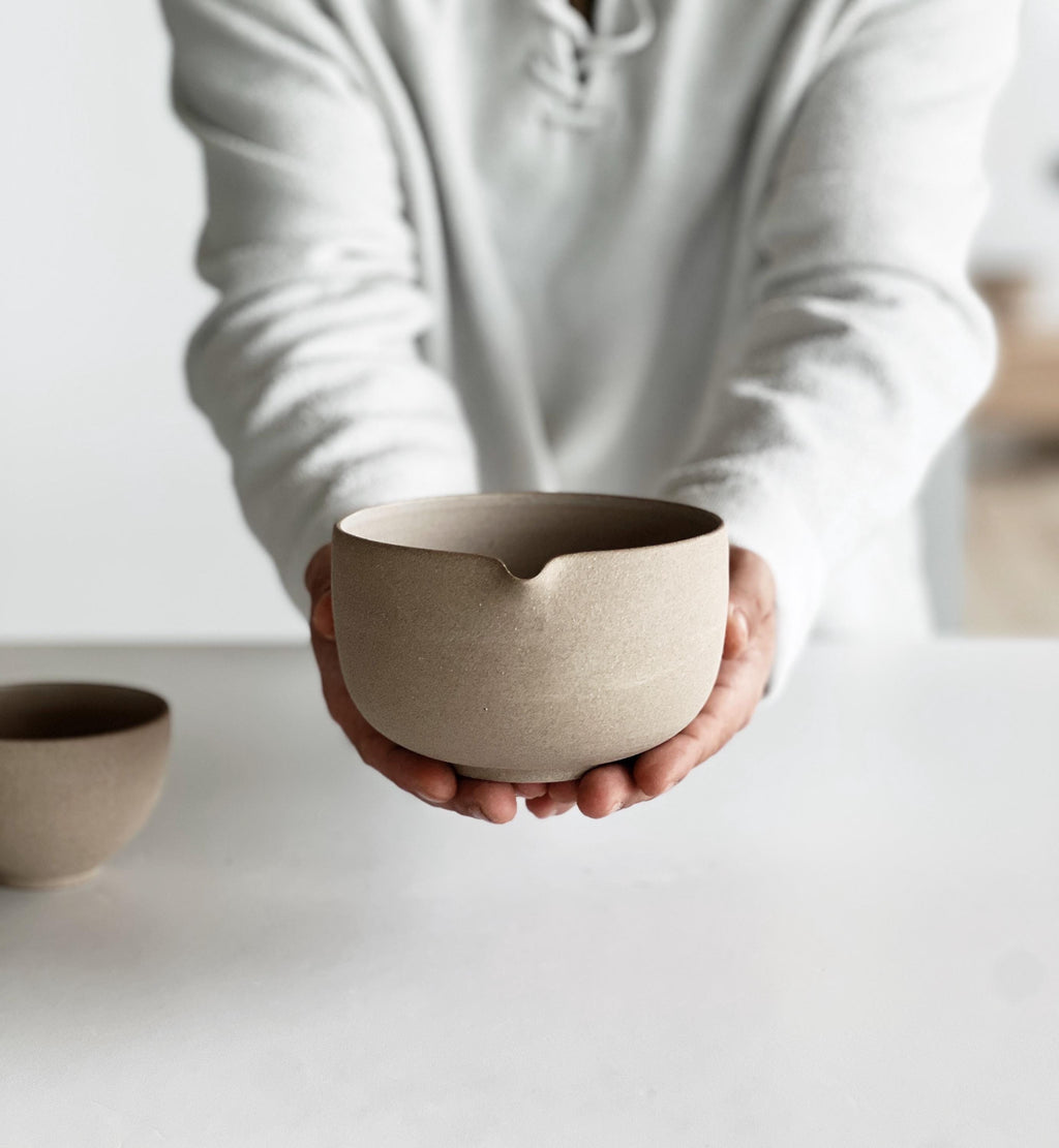 Handmade Toffee Ceramic Matcha Bowl Set: Bowl with Pouring Spout, Whisk Holder and Cup