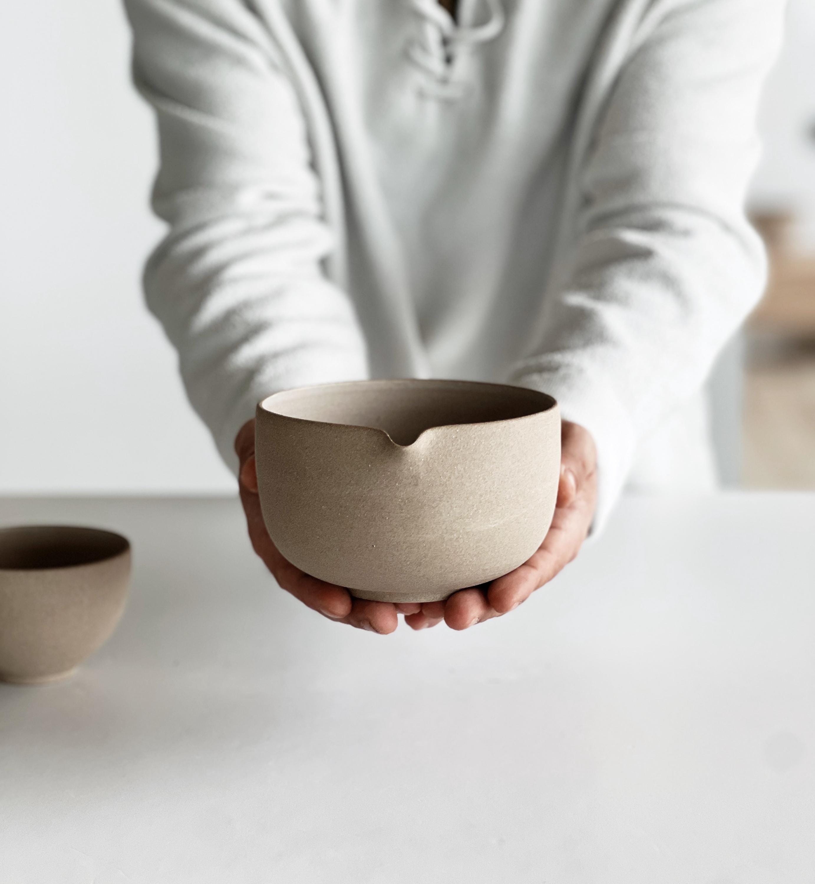 Handmade Toffee Ceramic Matcha Bowl Set: Bowl with Pouring Spout, Whisk Holder and Cup