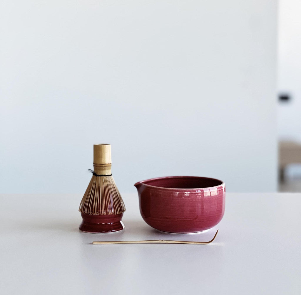 Handmade Cherry Ceramic Matcha Bowl Set: Bowl with Pouring Spout and Whisk Holder