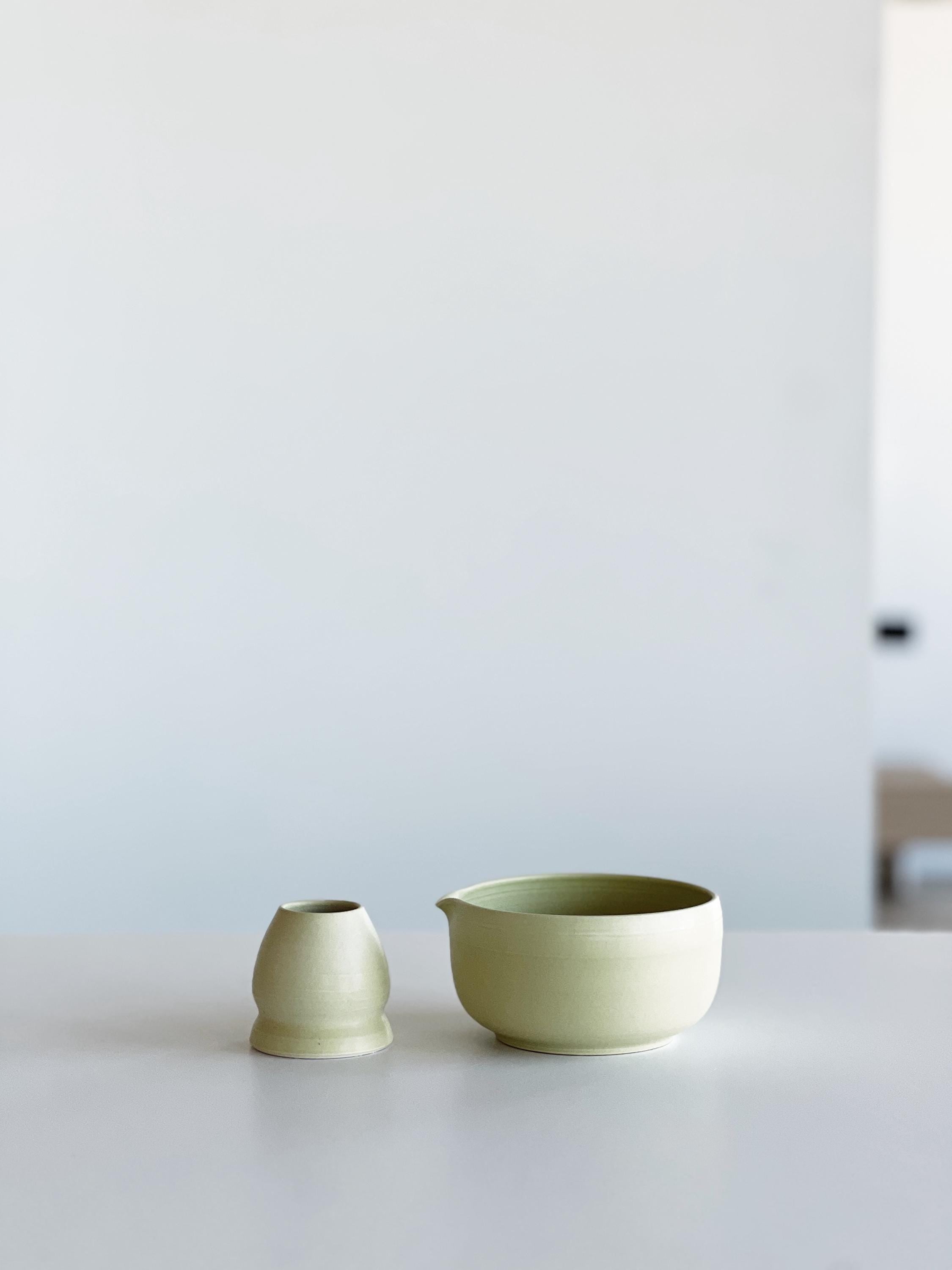 Handmade Lime Green Ceramic Matcha Bowl Set: Bowl with Pouring Spout and Whisk Holder