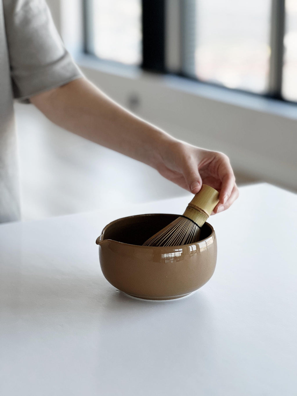 Handmade Glossy Brown Ceramic Matcha Bowl Set: Bowl with Pouring Spout and Whisk Holder