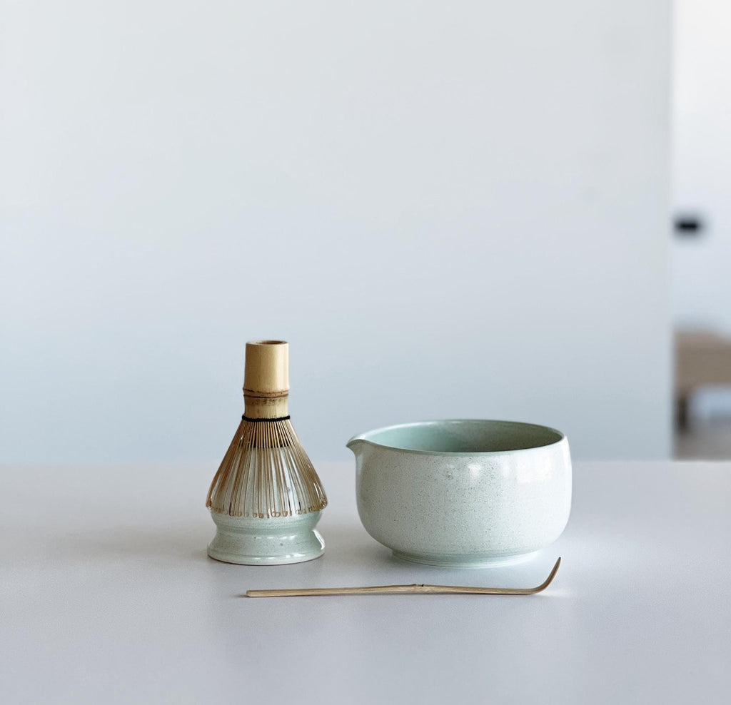 Handmade Mint Green Ceramic Matcha Bowl Set: Bowl with Pouring Spout and Whisk Holder