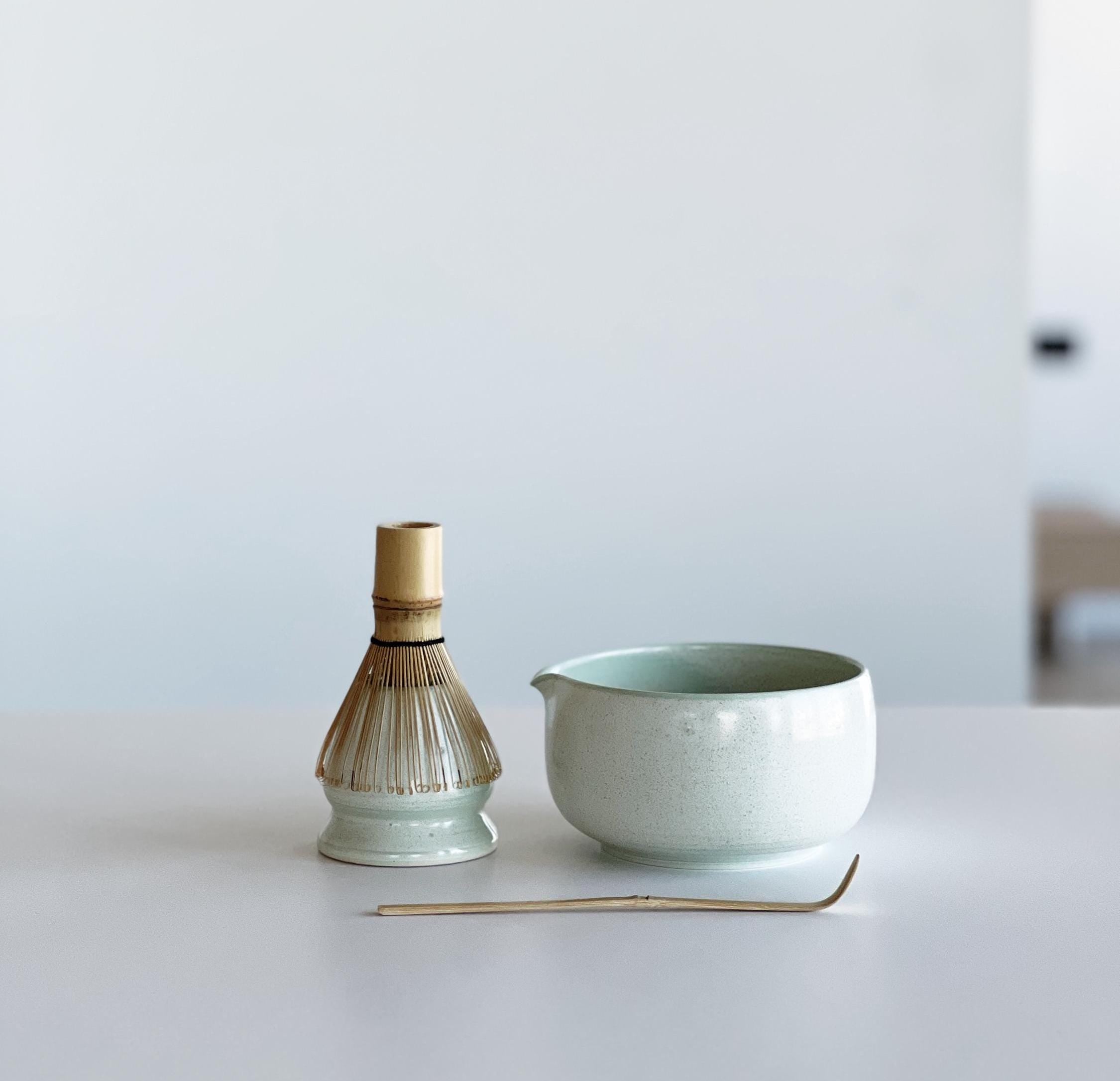 Handmade Mint Green Ceramic Matcha Bowl Set: Bowl with Pouring Spout and Whisk Holder